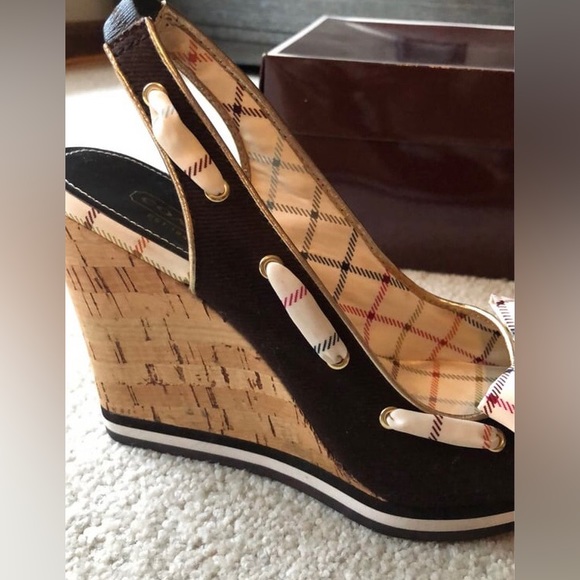 Brown cork Coach wedges with plaid ribbon detail. Comes with original box. - Picture 11 of 11